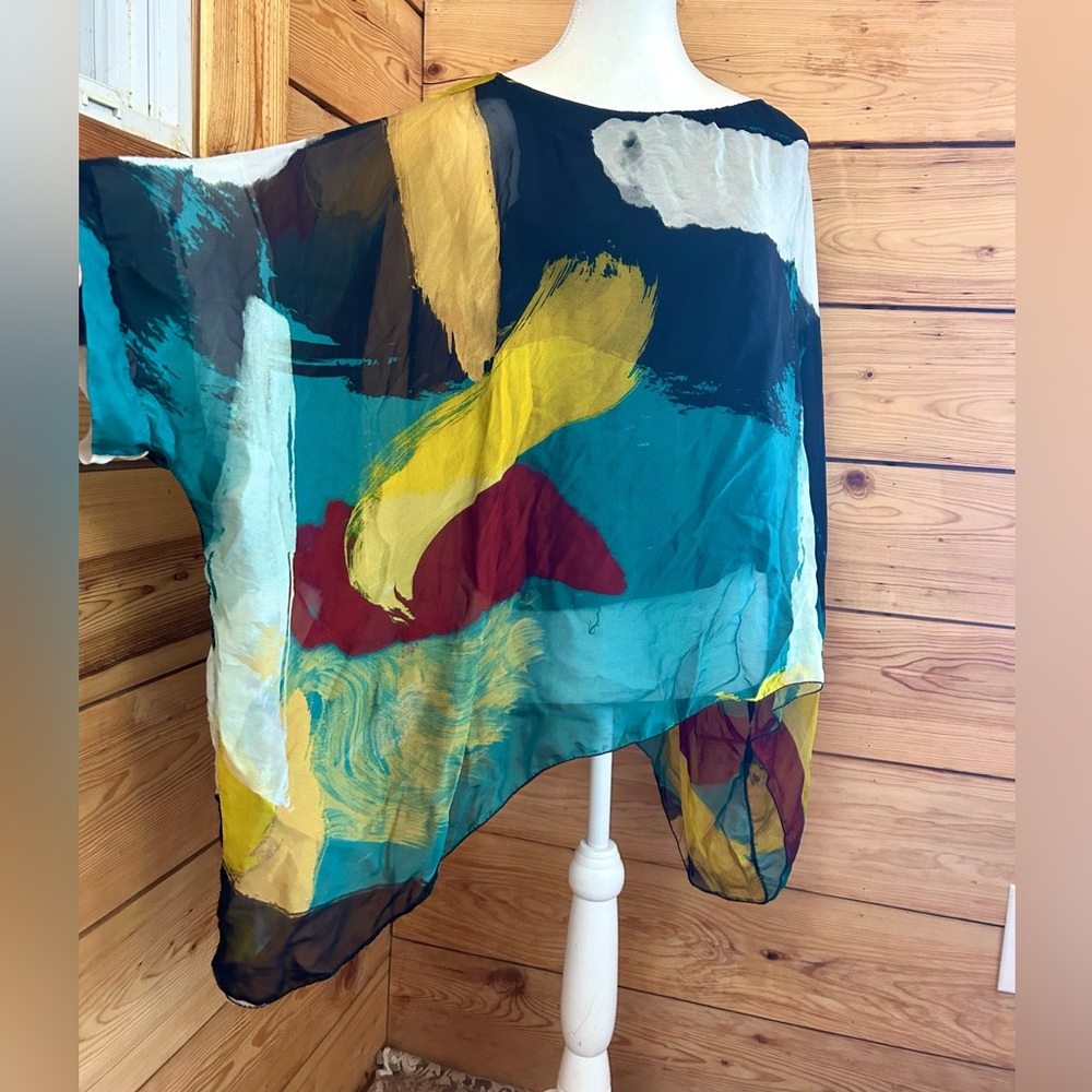 Colourful Silk Flowy Abstract Women's Large Blouse Top Artsy Art To Wear Vintage